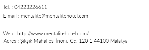 Mentalite Hotel telefon numaralar, faks, e-mail, posta adresi ve iletiim bilgileri